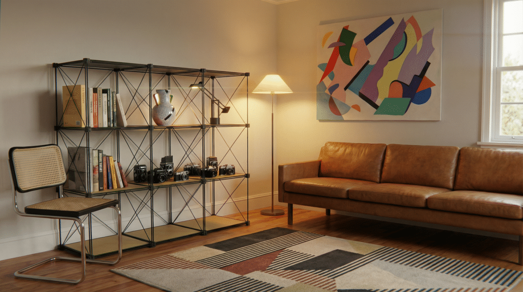 Wohnzimmer mit L6-Regal, Sofa und Stehleuchte